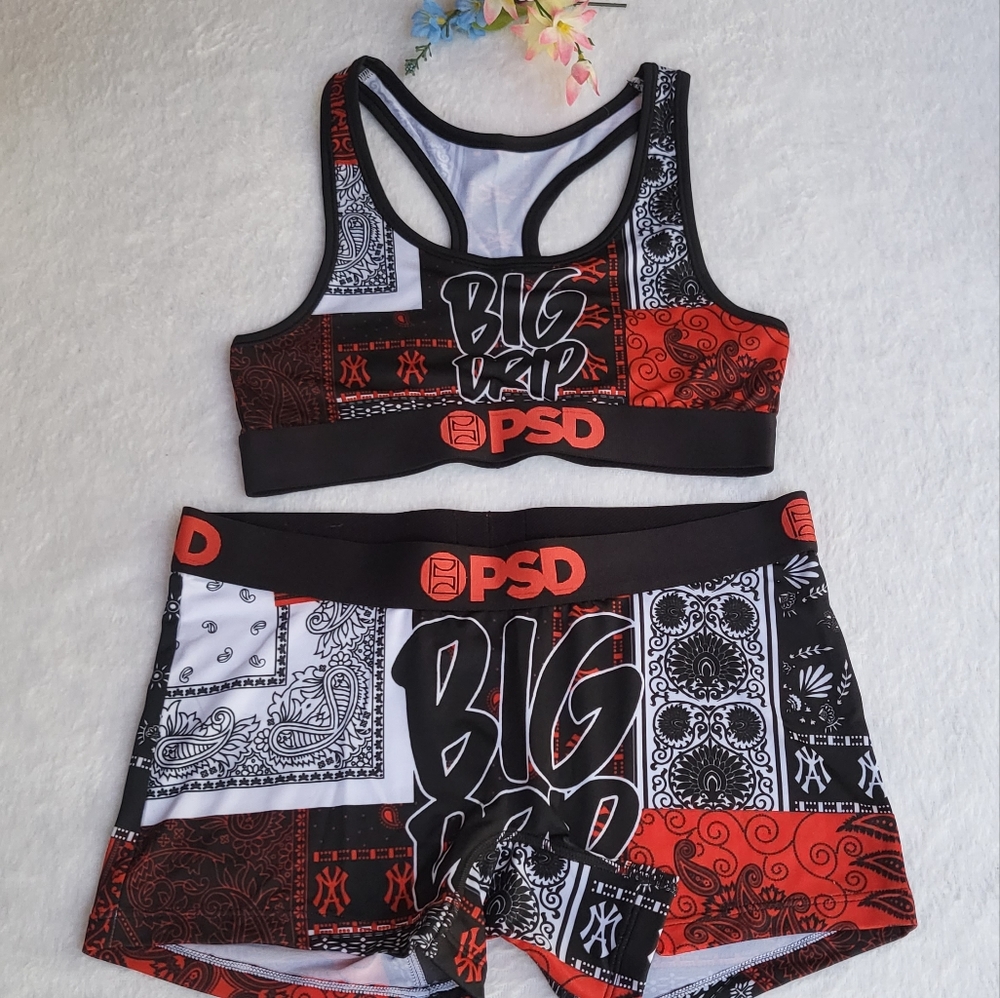New PSD Big Drip Women Bundle Sport Bra and Underwear color Black size Small.